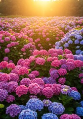 Golden Hour Hydrangea Field - Vibrant hydrangea blooms in pink, purple, and blue bathed in warm sunlight. Symbolizing beauty, serenity, gratitude, abundance, and renewal
