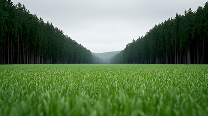 Obraz premium Lush Green Field Leading to Dense Forest Under a Cloudy Sky, Peaceful Nature Landscape Photo.