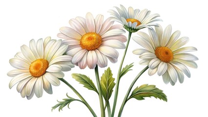 Elegant Watercolor Painting of White Daisies with Golden Centers Against White Background