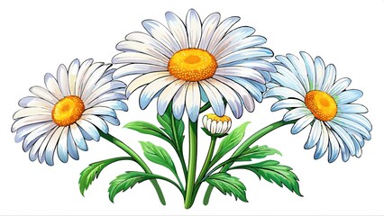 A beautiful arrangement of white daisies with yellow centers and green leaves