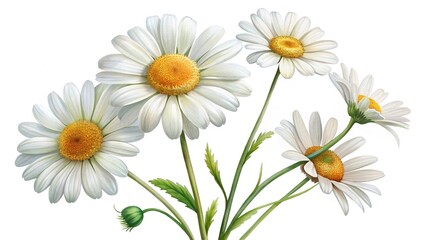 Obraz premium Beautiful bunch of white daisies with yellow centers on a white background