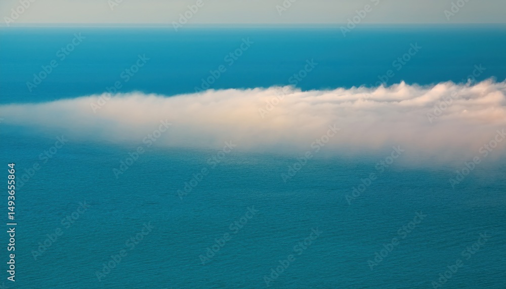 Poster aerial view of ocean surface blending into low coastal fog under clear blue sky for web design, nature branding, environmental print, minimalist background or atmospheric editorial layout

