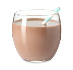 Tasty chocolate milk and straw in glass isolated on white