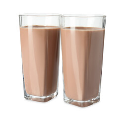 Tasty chocolate milk in glasses isolated on white