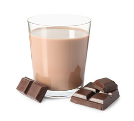 Tasty chocolate milk in glass and ingredient isolated on white
