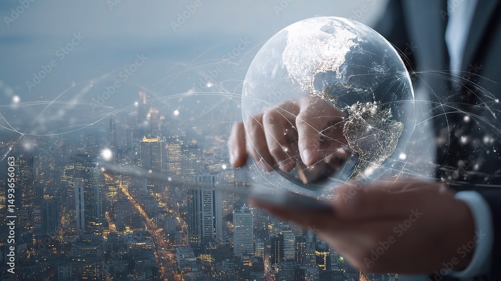 Poster businessman using tablet with floating data lines in modern city