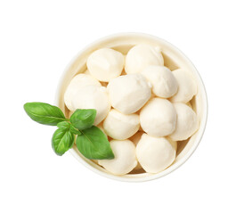 Tasty mozzarella cheese balls and basil in bowl isolated on white, top view