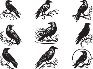 Nine black crow illustrations perched on branches