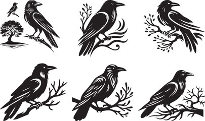 Six silhouettes of ravens perched on branches and trees
