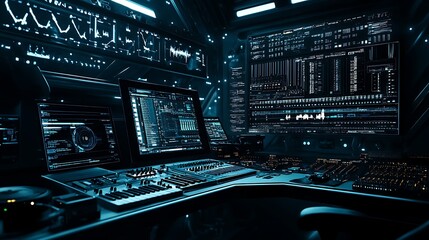 Fototapeta premium A futuristic music studio with AI tools for composing and producing tracks