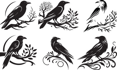 Six silhouettes of crows perched on ornate branches