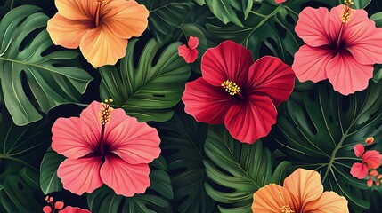 Vibrant floral display of hibiscus blossoms and tropical leaves.