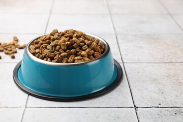 Dry pet food in feeding bowl on light tiled background, closeup