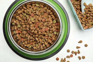 Dry pet food in feeding bowl, container and scoop on light background, flat lay
