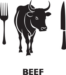 Silhouette of a bull with fork and knife beef illustration