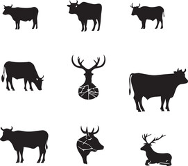 Silhouettes of cows and deer farm animals livestock