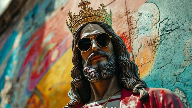 sculpture of Jesus Christ wearing gold crown and normal leisure attire modern time smiling at street with graffiti wall background