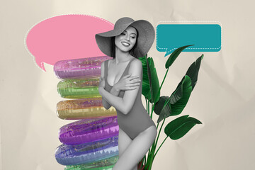 Creative trend artwork design 3D collage sketch of summer pool accessories float pile ring young...
