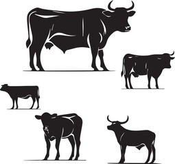 Silhouettes of cattle cows bulls farm animals livestock