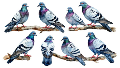 a collection of watercolor paintings depicts eight different racing pigeons perched on a weathered branch.