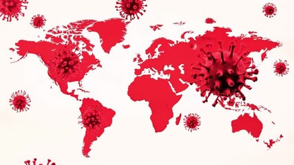 Digital illustration of a world map with COVID-19 virus particles in red. - Powered by Adobe