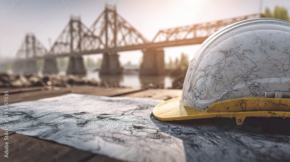 Poster geotechnical map overlay on bridge construction site with helmet