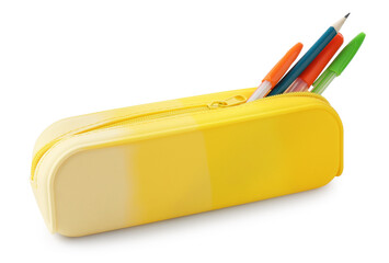 Different stationery in pencil case isolated on white