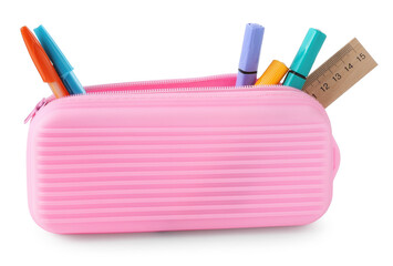 Different stationery in pencil case isolated on white