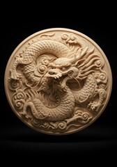 Intricate Wooden Dragon Carving - Detailed circular wood carving of a dragon, showcasing intricate scales and swirling clouds. A beautiful piece of Asian art