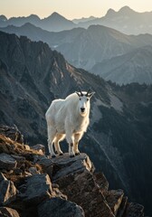 Majestic Mountain Goat on Peak - A lone mountain goat stands proudly on a rocky mountain peak, overlooking a vast, majestic mountain range