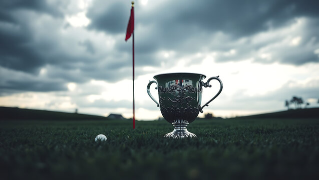 Golf Trophy On Green Grass At Pga Championship Course Gloomy Sky