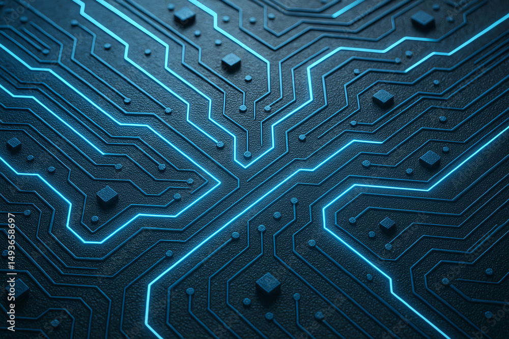 Aufkleber close-up view of a futuristic circuit board with vibrant blue lines and intricate patterns, reflecti
