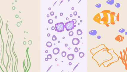 Diving into summer fun with quirky shades and tropical fish swimming in a bubbly ocean cartoonish