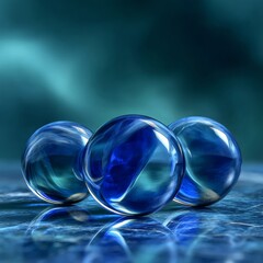 Serene Blue Glass Marbles Reflecting Light, Abstract Sphere Composition