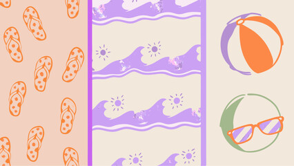 Vibrant summer vibes pattern featuring flip flops ocean waves beach ball and sunglasses on soft