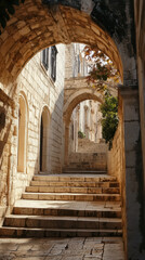 Captivating view through arched stone structures, guiding the eye up a flight of stairs toward a sunlit cityscape, a picturesque journey of architectural grandeur.