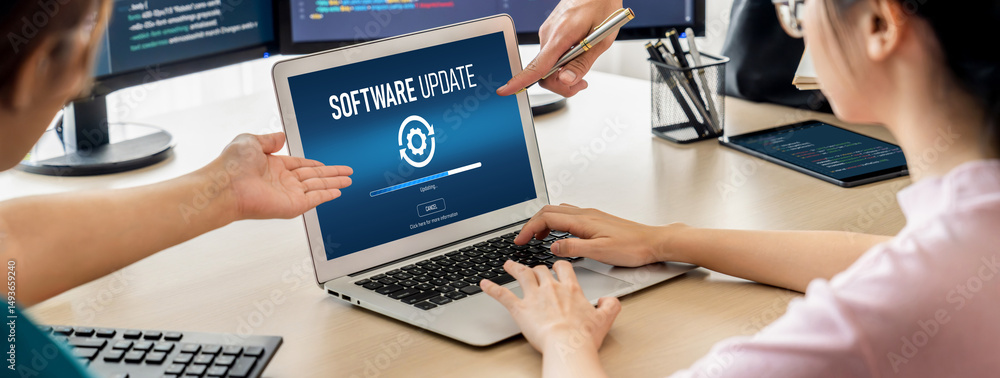Poster software update on computer for brisk version of device software upgrade