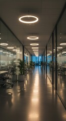 Modern Office Corridor Design with Warm Lighting - A contemporary office hallway showcasing sleek glass walls, comfortable swivel chairs, vibrant potted plants, and warm