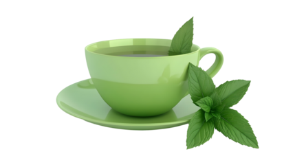  Green Cup of Mint Tea with Fresh Mint Leaves