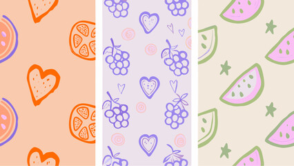 A whimsical summer fruit medley pattern evoking sunny days and playful vibes in hand drawn sketch