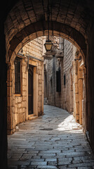 Fototapeta premium An aged stone archway beckons, leading the eye into a winding cobblestone street, framed by weathered buildings, where the history whispers from every stone. 