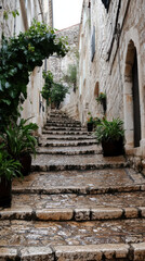 Fototapeta premium An ancient stone staircase ascends through a quaint alleyway lined with historic buildings, a testament to enduring craftsmanship and timeless allure.