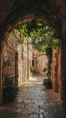 Obraz premium A historic alleyway, bathed in warm sunlight, invites exploration with its stone-paved path. The sun casts shadows and illuminates the scene, enhancing its beauty and character.