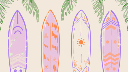 A vibrant collection of surfboards evokes summer vibes beach dreams and the joy of the ocean against