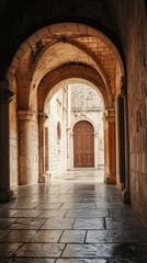 Fototapeta premium Witness the timeless grace of arched passageways, leading to a wooden door, crafted from aged stones. 
