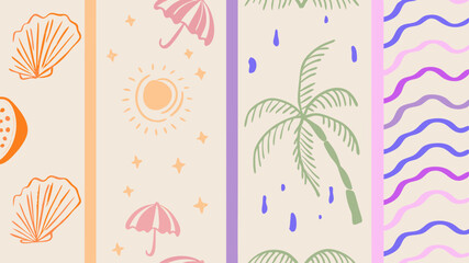 A whimsical tropical daydream evoking beachy vibes with palm trees shells and soft rain against a