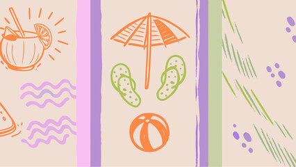 A whimsical beach vacation scene evokes sun soaked days and carefree summer bliss with sketch style