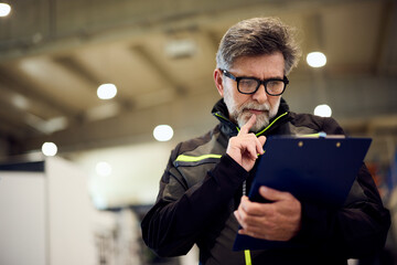 Confident Worker Reviewing Notes on Clipboard in Modern Industrial Environment