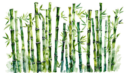 a delicate watercolor painting depicts a dense stand of vibrant green bamboo stalks with lush foliage against a white background.
