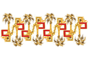 Abstract pattern from golden palms and red squares. Hand drawn vector background.